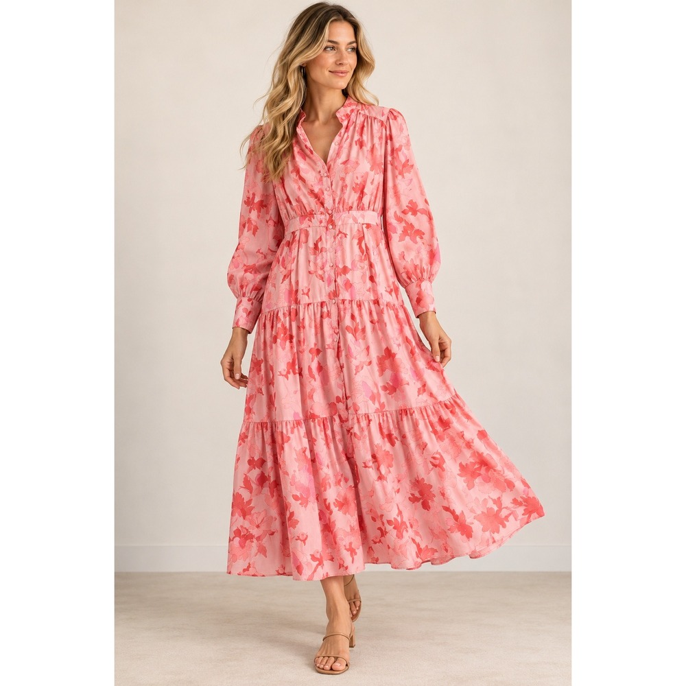 Petal + Pup Pink Floral Tiered Midi Dress Puff Sleeve High Neck US 4
